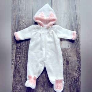 Baby girls Signature brand, white w/pink fleece, footed, hooded, 1-pc bunny suit